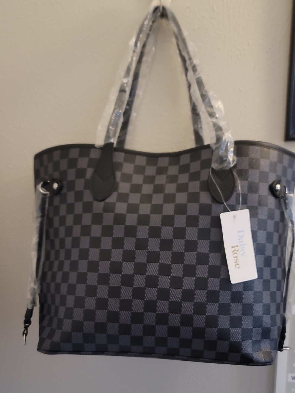 Gray Checkered Tote Bag with Double Handles Crossbody Ready With Wristlet